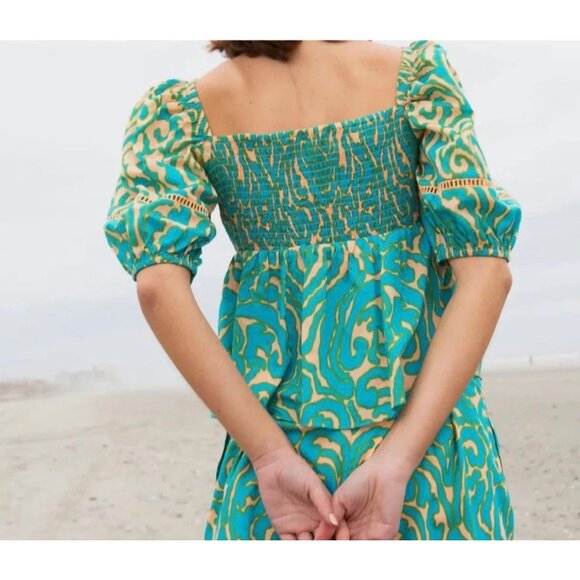 Anna Cate Ava Top Smocked Puff Sleeve Turquoise & Peach Abstract small (GG70) - Picture 2 of 11